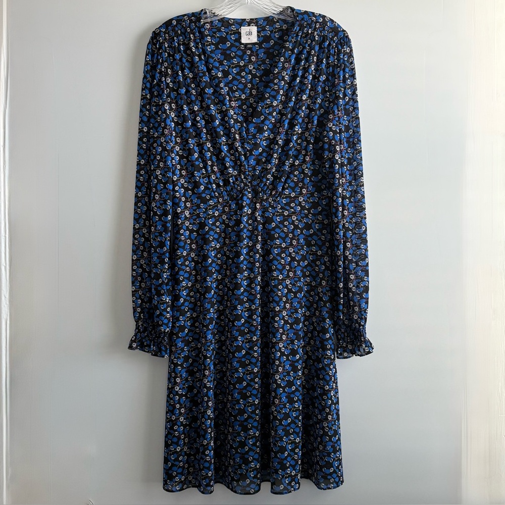 Women's CAbi #5772 The Ten Dress Blue Floral Mesh V-Neck Long Sleeves Sz. M